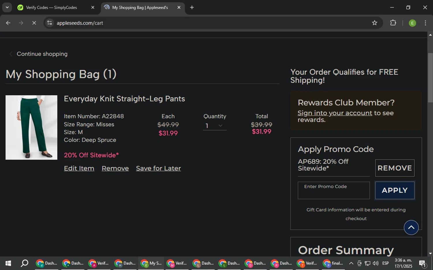 Appleseed's promo code screenshot showing code AP689 applied at Appleseed's checkout page. Uploaded by SimplyCodes community member SUZUKIV on Jan 17, 2025