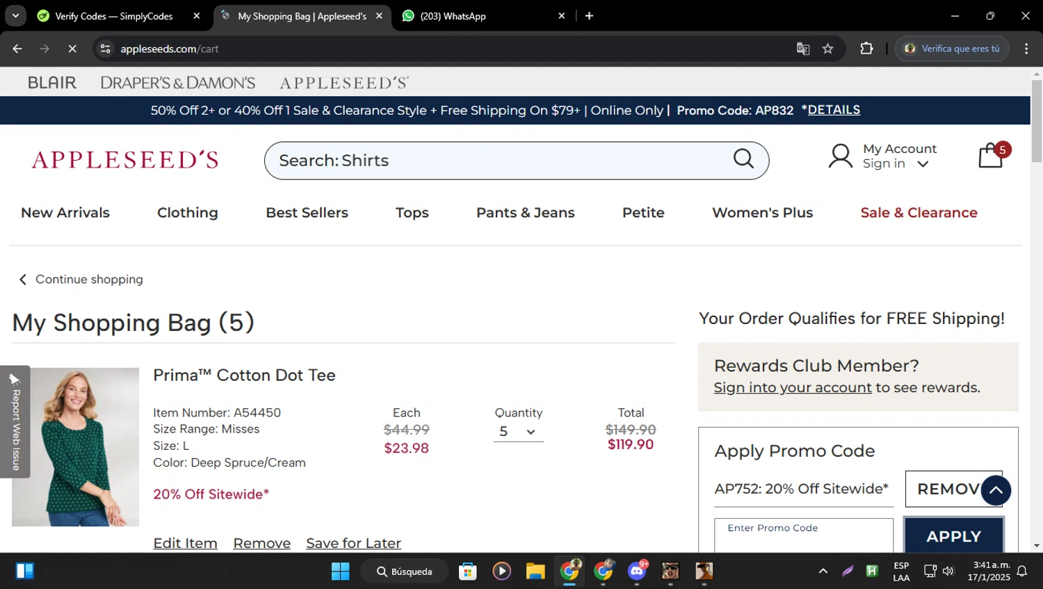 Appleseed's promo code screenshot showing code AP752 applied at Appleseed's checkout page. Uploaded by SimplyCodes community member osquitarivas on Jan 17, 2025