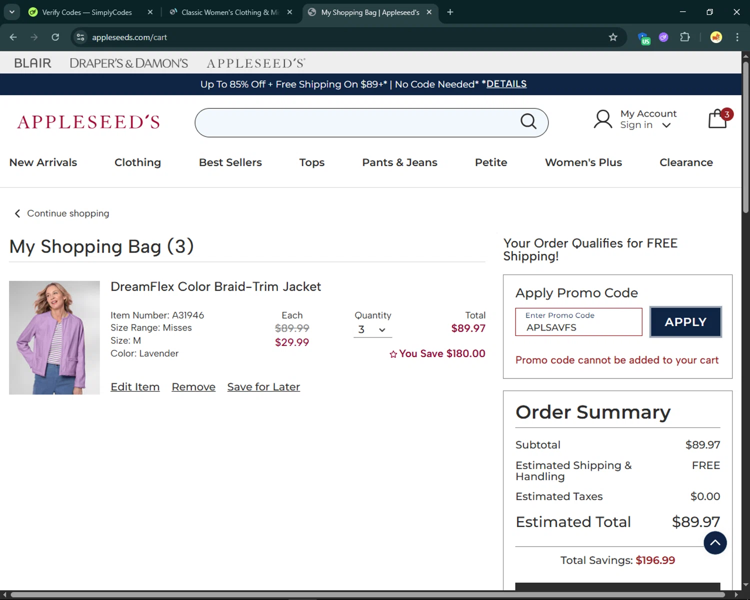 Appleseed's promo code screenshot showing code APLSAVFS applied at Appleseed's checkout page. Uploaded by SimplyCodes community member SmartFinder4193 on Jul 15, 2025