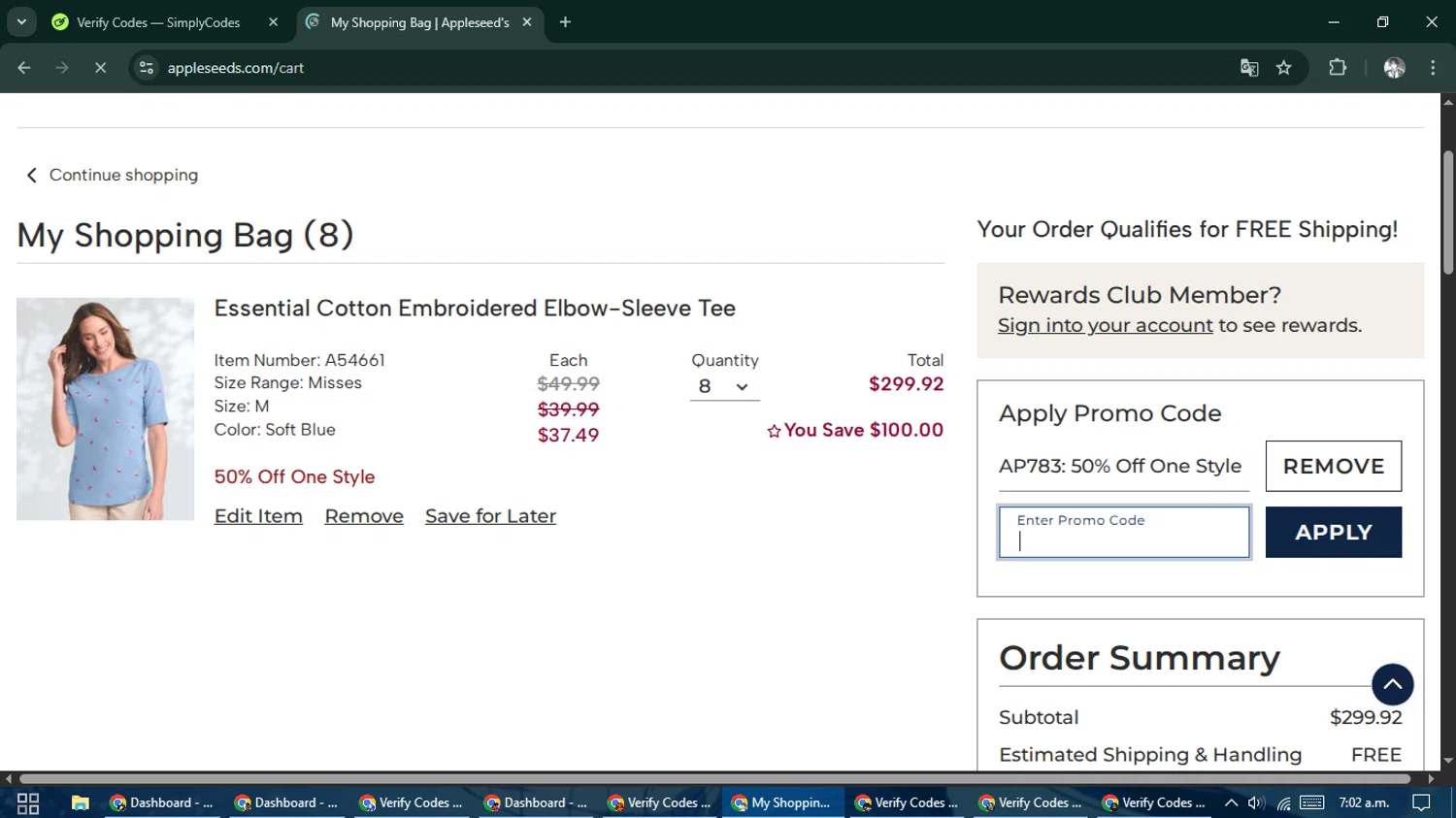 Appleseed's promo code screenshot showing code AP783 applied at Appleseed's checkout page. Uploaded by SimplyCodes community member CleverLegend6607 on Apr 17, 2025