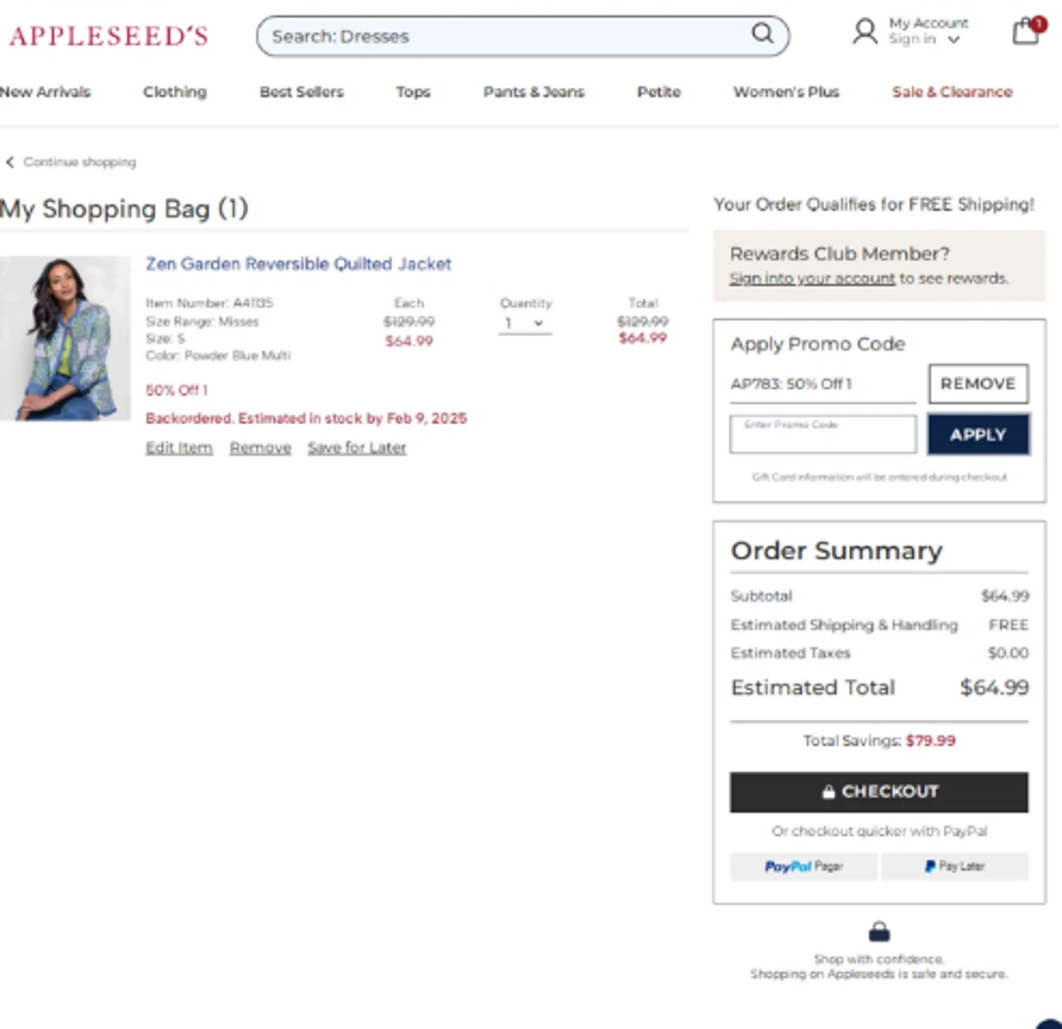 Appleseed's promo code screenshot showing code AP783 applied at Appleseed's checkout page. Uploaded by SimplyCodes community member alfock22 on Feb 18, 2025