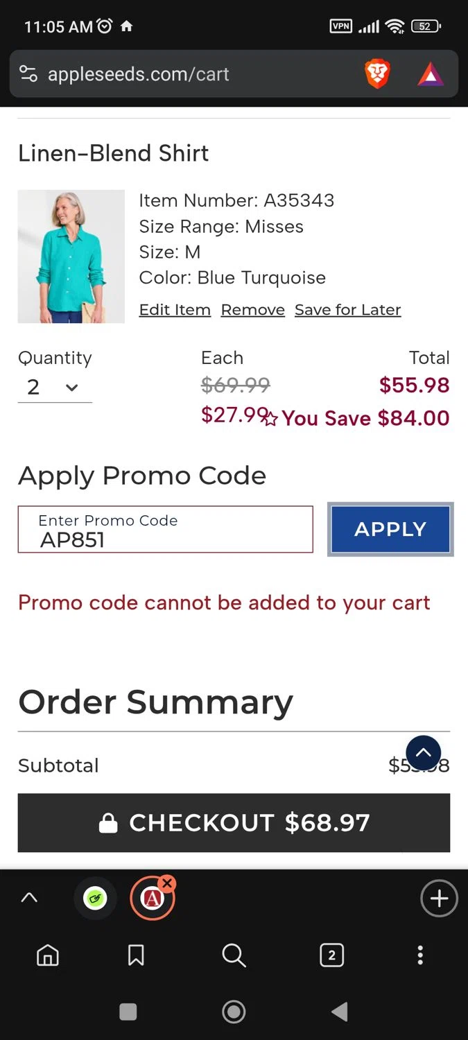 Appleseed's promo code screenshot showing code AP851 applied at Appleseed's checkout page. Uploaded by SimplyCodes community member BargainPioneer8286 on Jul 18, 2025
