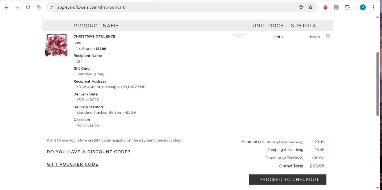 Appleyard Flowers promo code screenshot showing code APWOW2 applied at Appleyard Flowers checkout page. Uploaded by SimplyCodes community member CleverPilot4885 on Dec 22, 2025