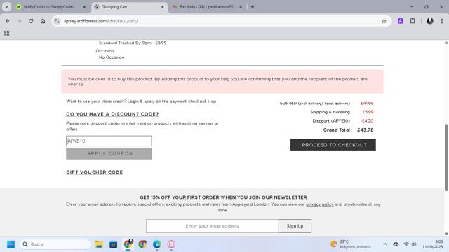 Appleyard Flowers checkout page showing Appleyard Flowers discount code box | Screenshot taken by SimplyCodes community member on Sep 11, 2025
