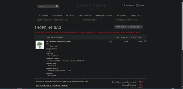 Appleyard Flowers checkout page showing Appleyard Flowers discount code box | Screenshot taken by SimplyCodes community member on Sep 14, 2025