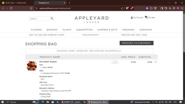 Appleyard Flowers checkout page showing Appleyard Flowers discount code box | Screenshot taken by SimplyCodes community member on Sep 12, 2025