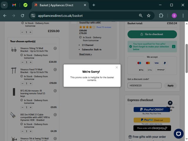 Appliances Direct UK checkout page showing Appliances Direct UK discount code box | Screenshot taken by SimplyCodes community member on Apr 7, 2025