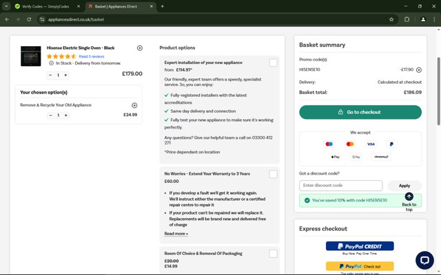 Appliances Direct UK checkout page showing Appliances Direct UK discount code box | Screenshot taken by SimplyCodes community member on Apr 7, 2025