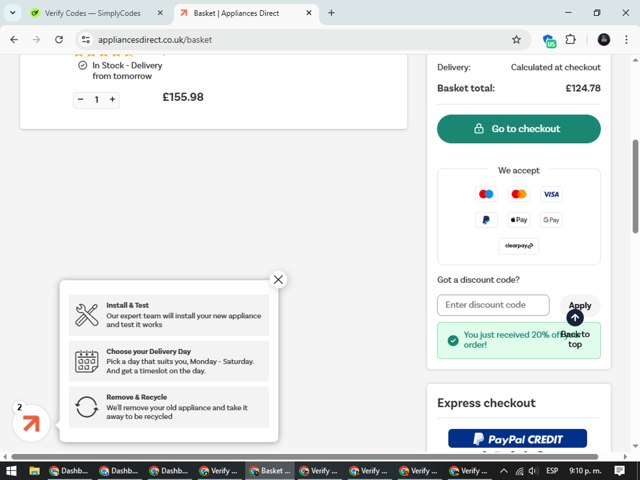 Appliances Direct UK checkout page showing Appliances Direct UK discount code box | Screenshot taken by SimplyCodes community member on Aug 11, 2025