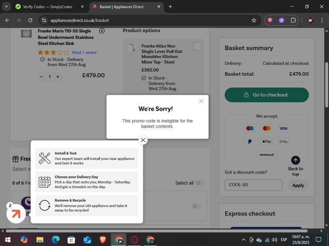Appliances Direct UK checkout page showing Appliances Direct UK discount code box | Screenshot taken by SimplyCodes community member on Aug 25, 2025