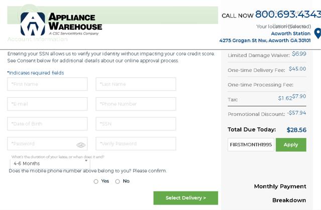 Appliance Warehouse checkout page showing Appliance Warehouse promo code box | Screenshot taken by SimplyCodes community member on Aug 22, 2025