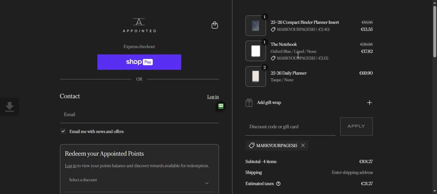 Appointed discount code screenshot showing code MARKYOURPAGES15 applied at Appointed checkout page. Uploaded by SimplyCodes community member 111111 on Jul 29, 2025