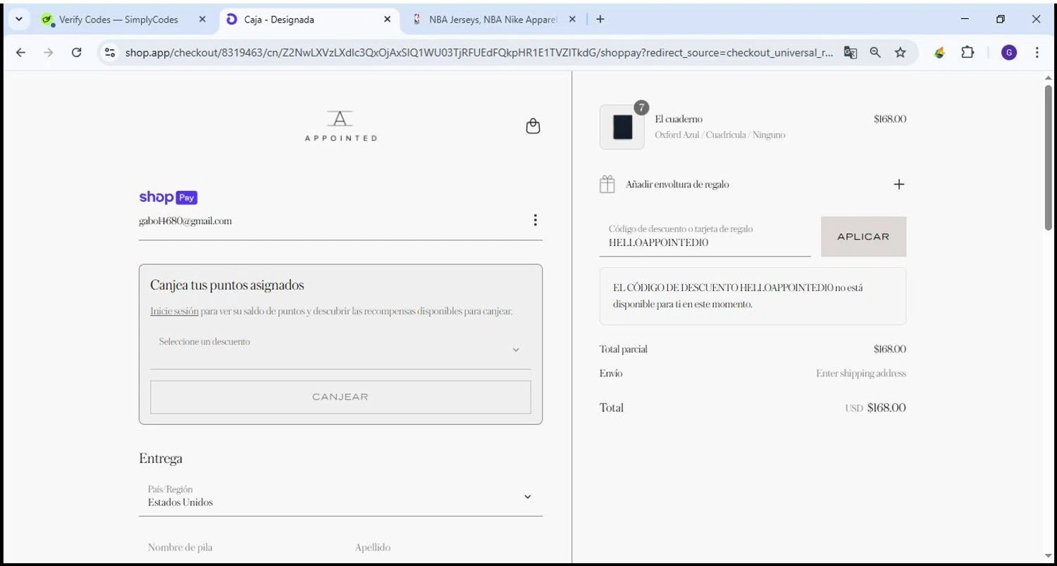 Appointed discount code screenshot showing code HELLOAPPOINTED10 applied at Appointed checkout page. Uploaded by SimplyCodes community member Theking on May 1, 2025