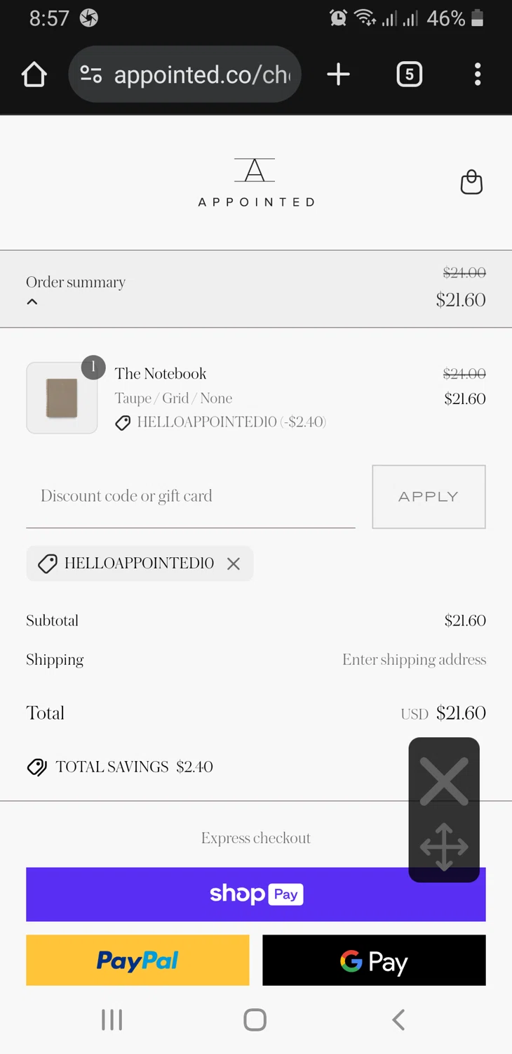 Appointed discount code screenshot showing code HELLOAPPOINTED10 applied at Appointed checkout page. Uploaded by SimplyCodes community member GloriousFinder136 on May 1, 2025