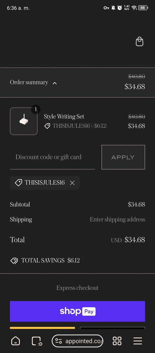 Appointed discount code screenshot showing code THISISJULES16 applied at Appointed checkout page. Uploaded by SimplyCodes community member usermariee on Jan 29, 2025
