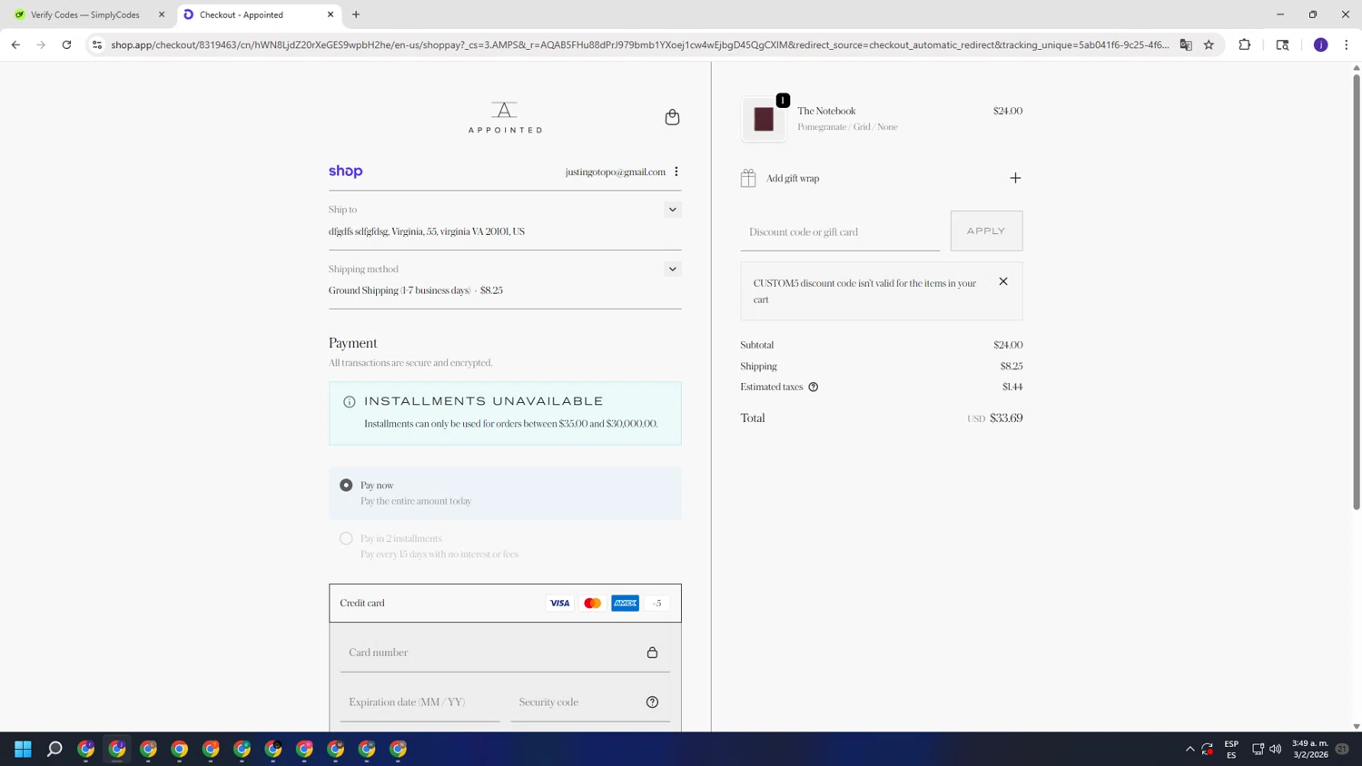 Appointed discount code screenshot showing code CUSTOM5 applied at Appointed checkout page. Uploaded by SimplyCodes community member simplycodesssss on Feb 3, 2026