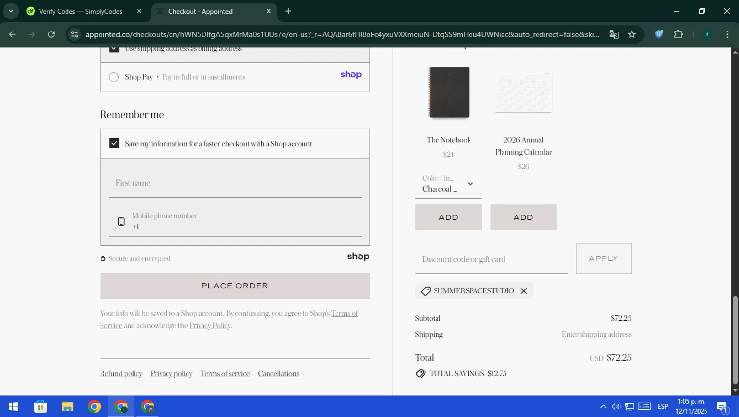 Appointed discount code screenshot showing code SUMMERSPACESTUDIO applied at Appointed checkout page. Uploaded by SimplyCodes community member rodri1 on Nov 12, 2025