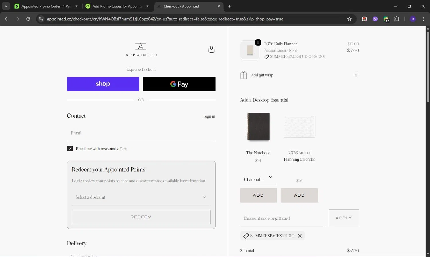 Appointed discount code screenshot showing code SUMMERSPACESTUDIO applied at Appointed checkout page. Uploaded by SimplyCodes community member Obito6245825041527 on Oct 22, 2025