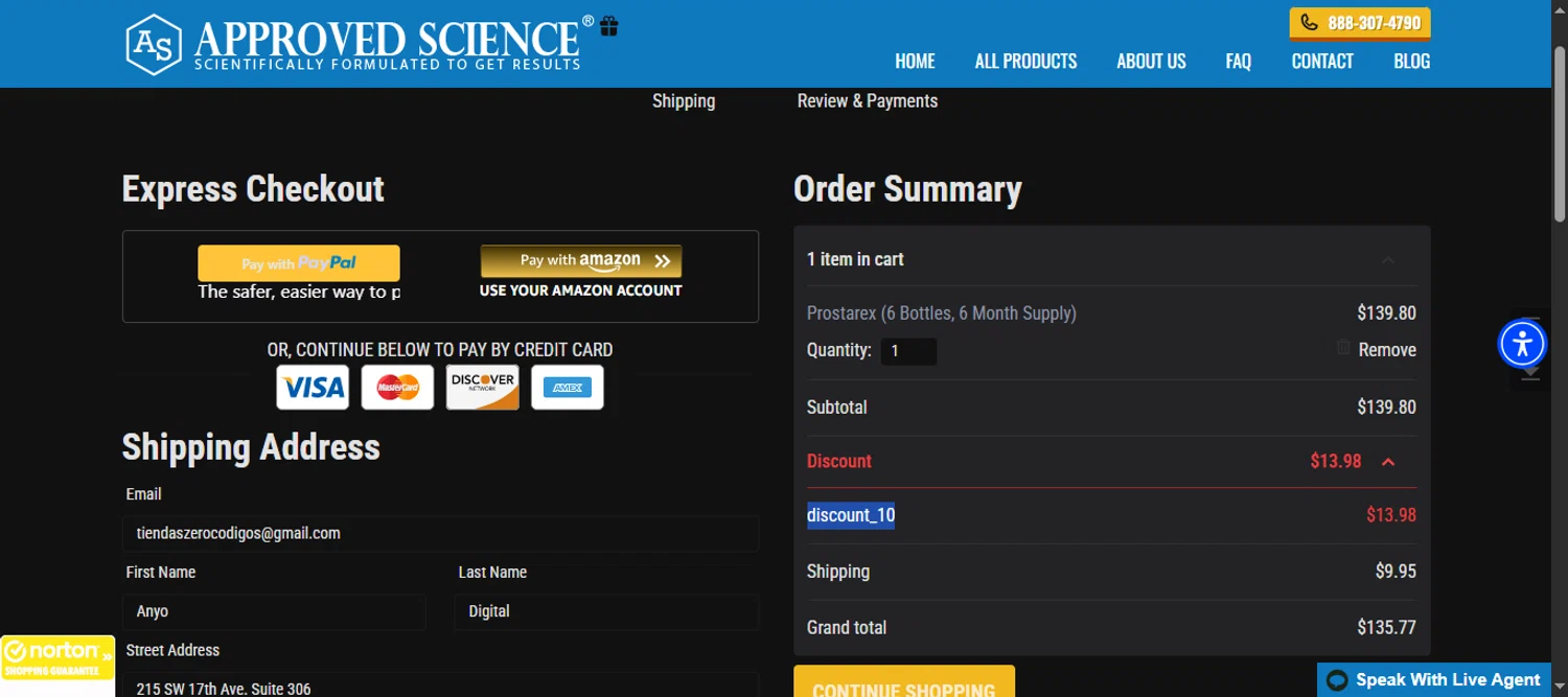 Approved Science coupon code screenshot showing code discount_10 applied at Approved Science checkout page. Uploaded by SimplyCodes community member 111111 on Jul 4, 2025