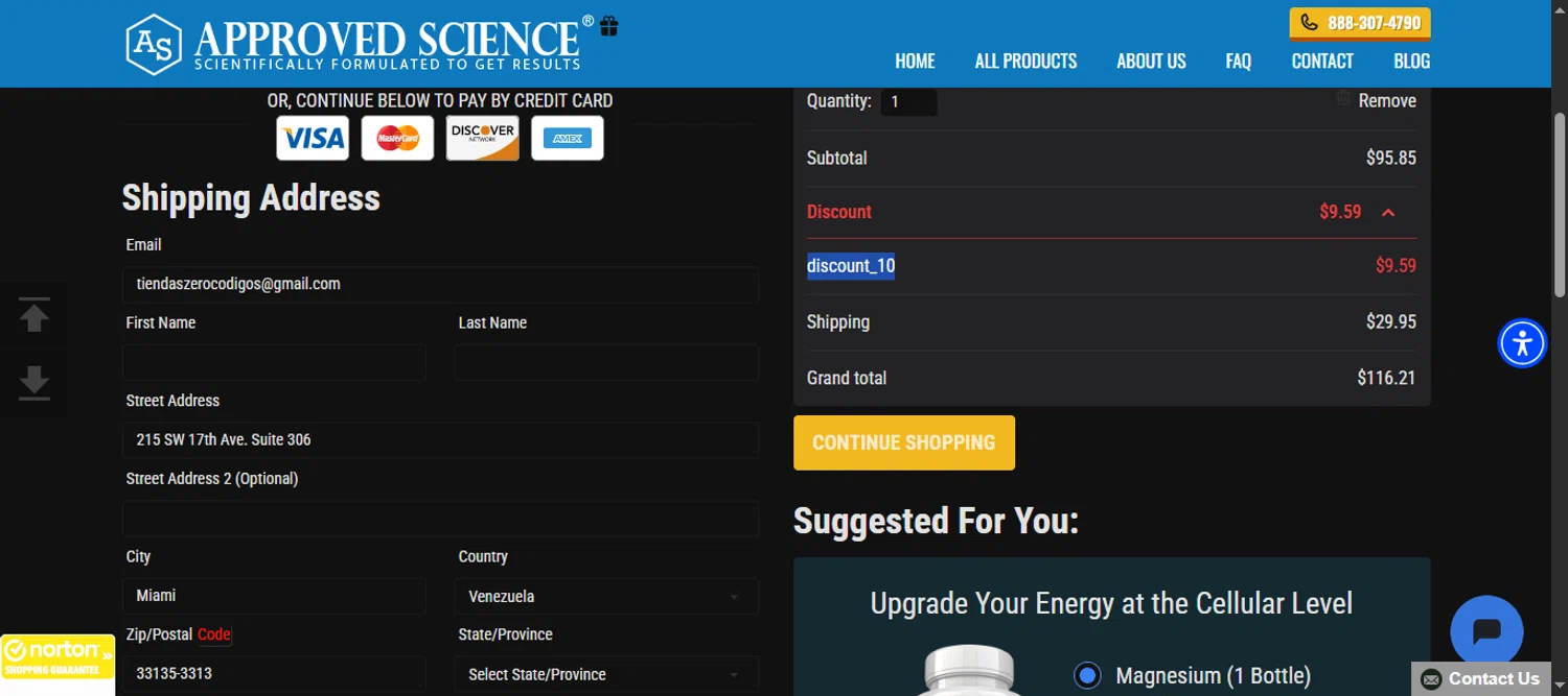 Approved Science coupon code screenshot showing code discount_10 applied at Approved Science checkout page. Uploaded by SimplyCodes community member 111111 on Oct 12, 2025
