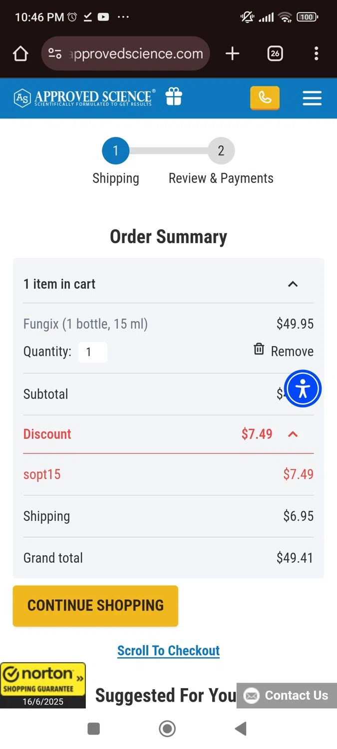 Approved Science coupon code screenshot showing code SOPT15 applied at Approved Science checkout page. Uploaded by SimplyCodes community member SaraiVillarroel on Jun 17, 2025
