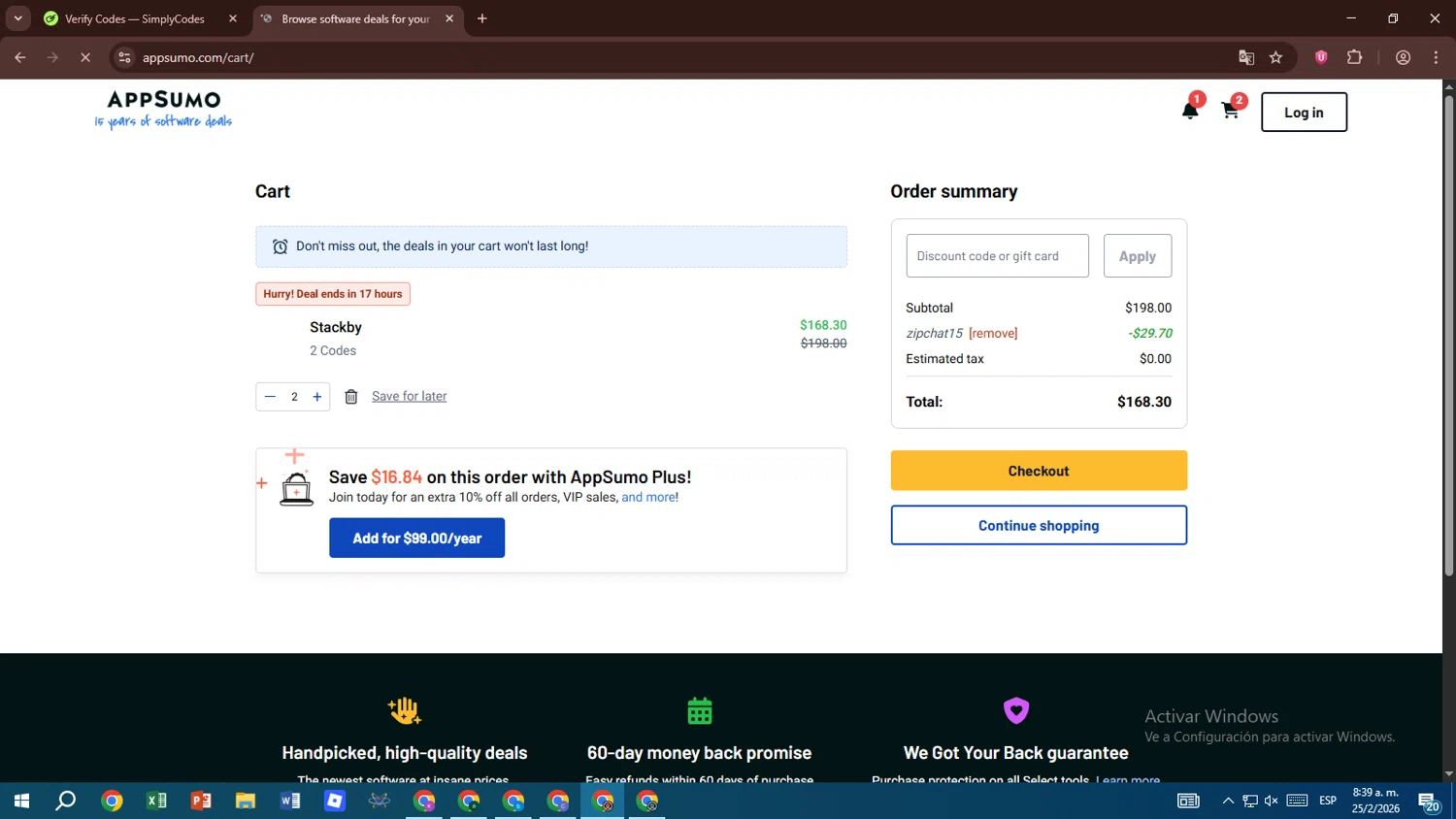 AppSumo promo code screenshot showing code zipchat15 applied at AppSumo checkout page. Uploaded by SimplyCodes community member kilian on Feb 25, 2026
