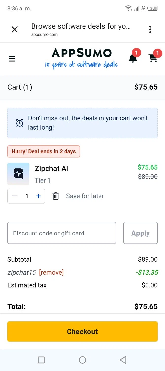 AppSumo promo code screenshot showing code zipchat15 applied at AppSumo checkout page. Uploaded by SimplyCodes community member BonusVoyager4214 on Feb 25, 2026