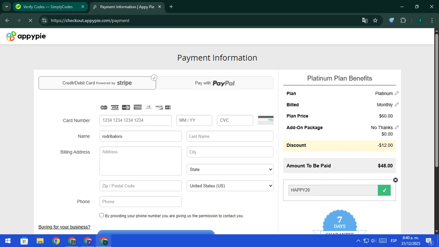AppyPie promo code screenshot showing code HAPPY20 applied at AppyPie checkout page. Uploaded by SimplyCodes community member rodri1 on Dec 31, 2025