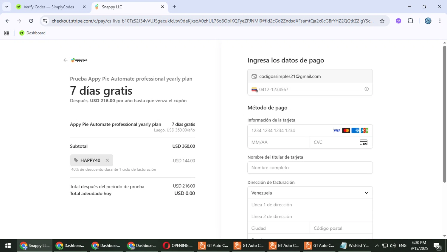 AppyPie promo code screenshot showing code HAPPY40 applied at AppyPie checkout page. Uploaded by SimplyCodes community member Suicune on Sep 15, 2025