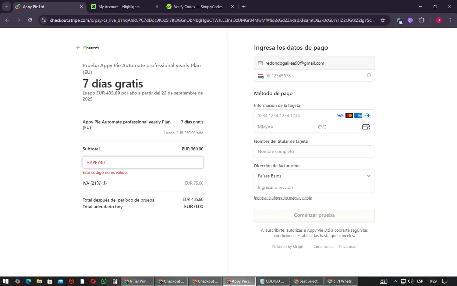 AppyPie promo code screenshot showing code HAPPY40 applied at AppyPie checkout page. Uploaded by SimplyCodes community member QuestMaven9791 on Sep 15, 2025