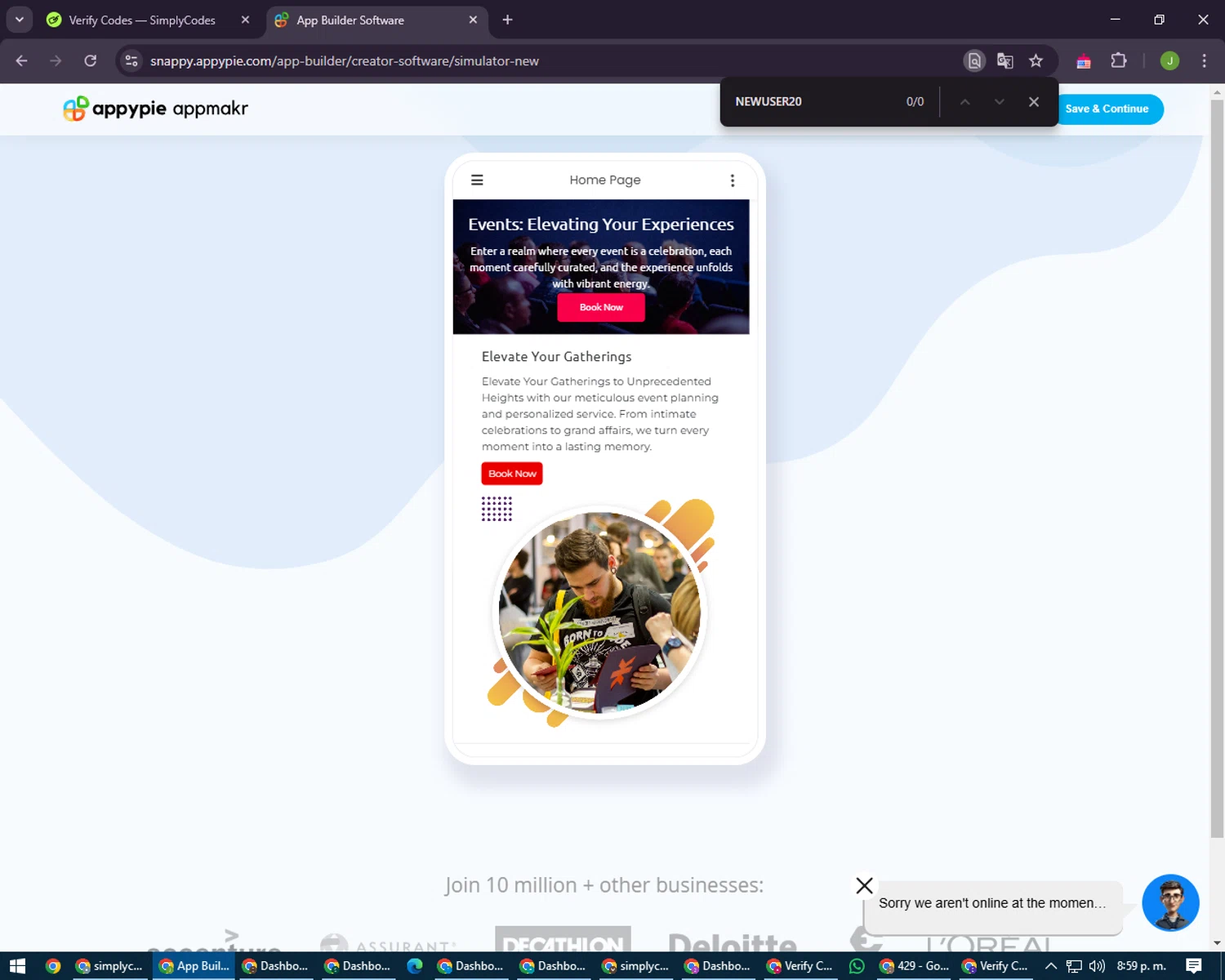 AppyPie promo code screenshot showing code NEWUSER20 applied at AppyPie checkout page. Uploaded by SimplyCodes community member LilBaby on Feb 15, 2025