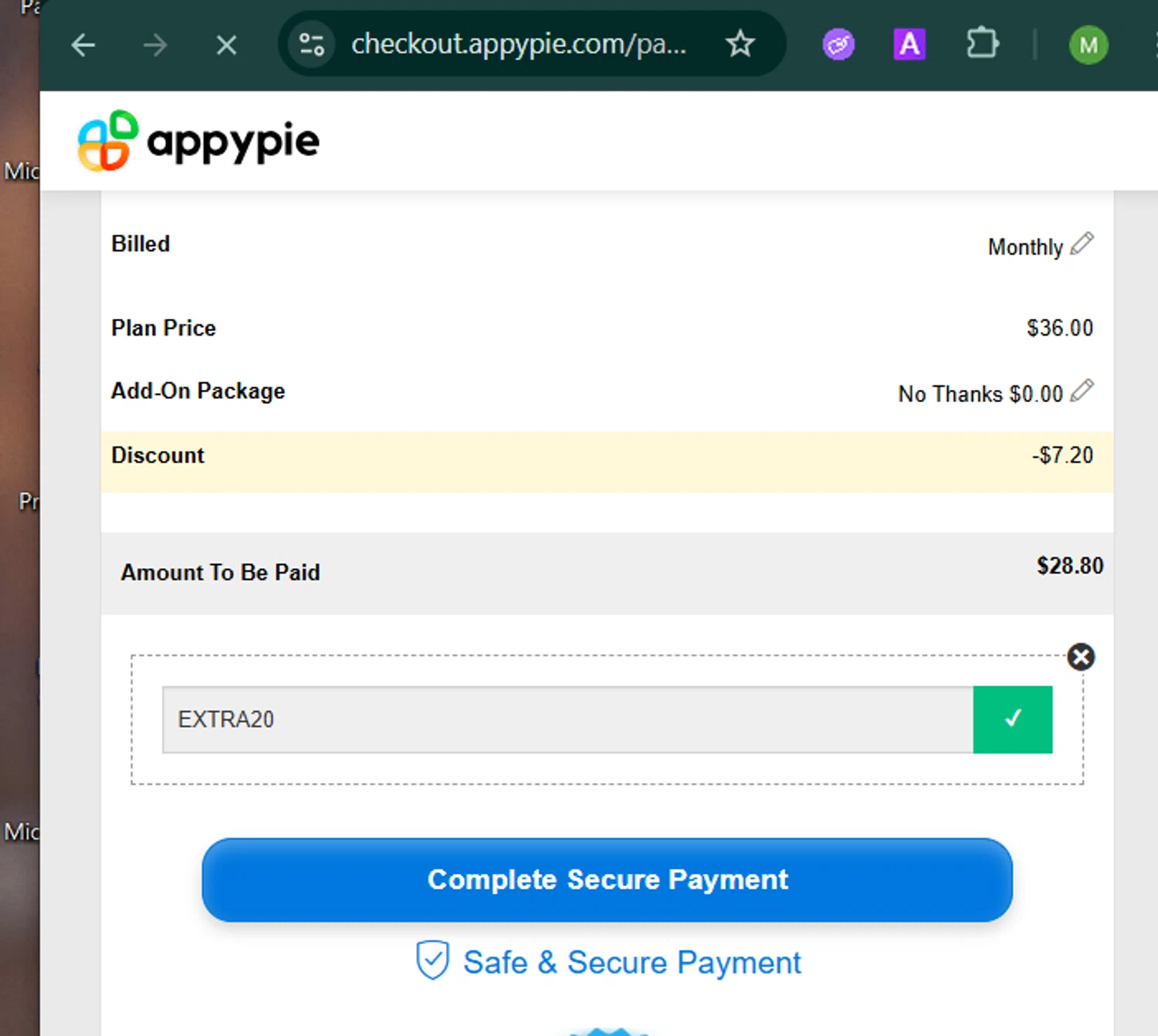 AppyPie promo code screenshot showing code EXTRA20 applied at AppyPie checkout page. Uploaded by SimplyCodes community member MARCVH on Jan 6, 2026
