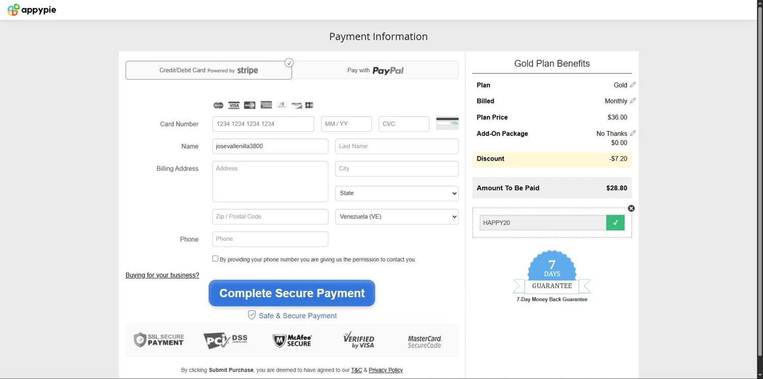 AppyPie promo code screenshot showing code HAPPY20 applied at AppyPie checkout page. Uploaded by SimplyCodes community member Depressive on Dec 2, 2025