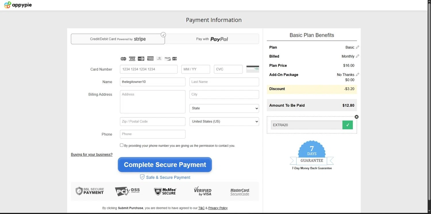 AppyPie promo code screenshot showing code EXTRA20 applied at AppyPie checkout page. Uploaded by SimplyCodes community member Depressive on Dec 8, 2025