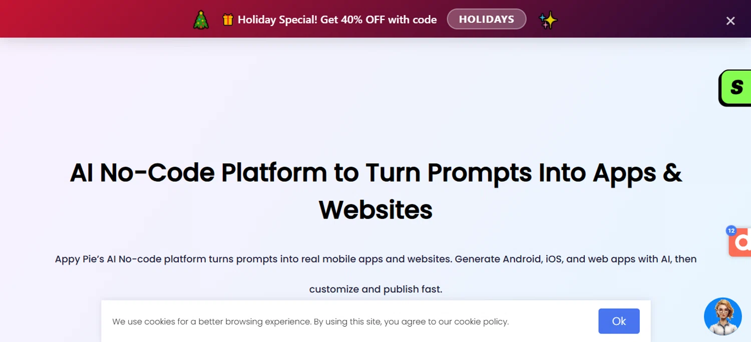 AppyPie promo code screenshot showing code HOLIDAYS applied at AppyPie checkout page. Uploaded by SimplyCodes community member ESTHER3121 on Dec 28, 2025