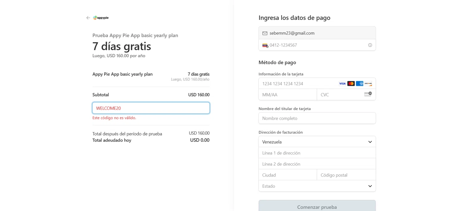 Appy Pie Chatbot promo code screenshot showing code WELCOME20 applied at Appy Pie Chatbot checkout page. Uploaded by SimplyCodes community member Emmanuelyayajuu on Jun 16, 2025