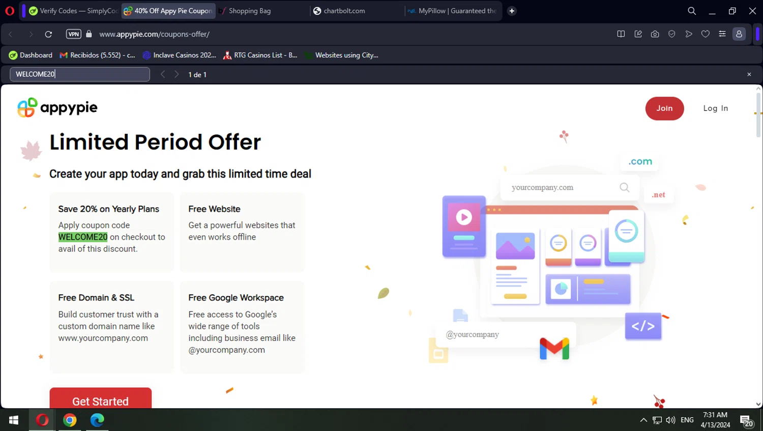 Appy Pie Chatbot checkout page showing Appy Pie Chatbot promo code box | Screenshot taken by SimplyCodes community member on Apr 13, 2024