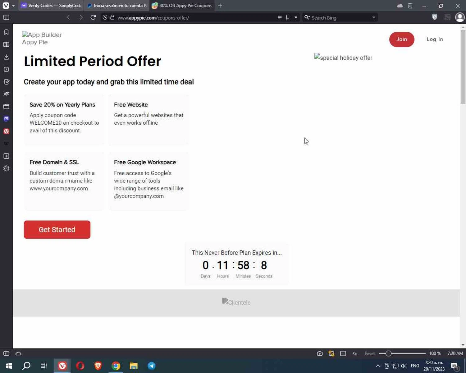 Appy Pie Chatbot checkout page showing Appy Pie Chatbot promo code box | Screenshot taken by SimplyCodes community member on Nov 20, 2023