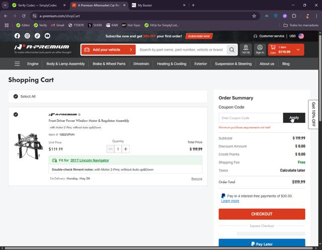 A-Premium.com checkout page showing A-Premium.com promo code box | Screenshot taken by SimplyCodes community member on May 23, 2025