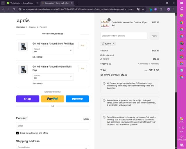 Apres Nail checkout page showing Apres Nail discount code box | Screenshot taken by SimplyCodes community member on Aug 13, 2025