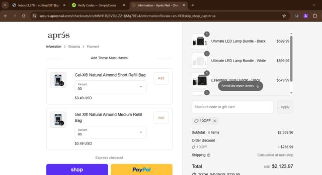 Apres Nail checkout page showing Apres Nail discount code box | Screenshot taken by SimplyCodes community member on Aug 13, 2025