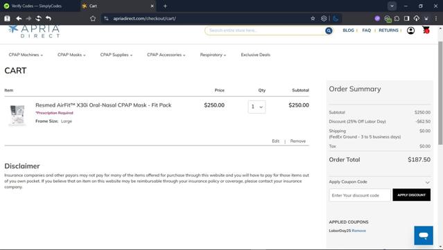 ApriaDirect checkout page showing ApriaDirect promo code box | Screenshot taken by SimplyCodes community member on Aug 30, 2025