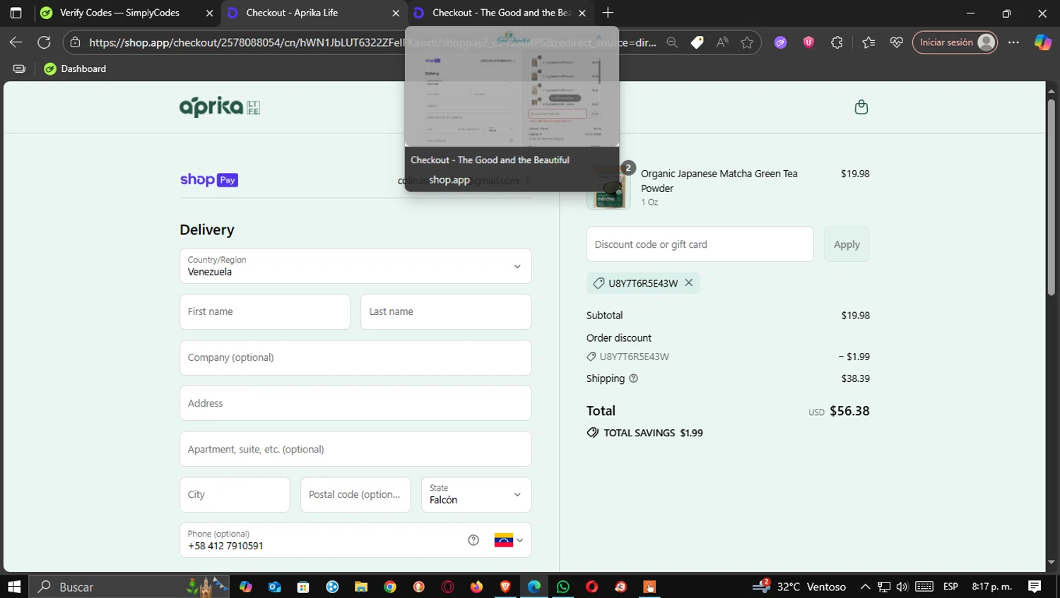 aprikamatcha promo code screenshot showing code u8y7t6r5e43w applied at aprikamatcha checkout page. Uploaded by SimplyCodes community member CleoSalvatore on Aug 2, 2025