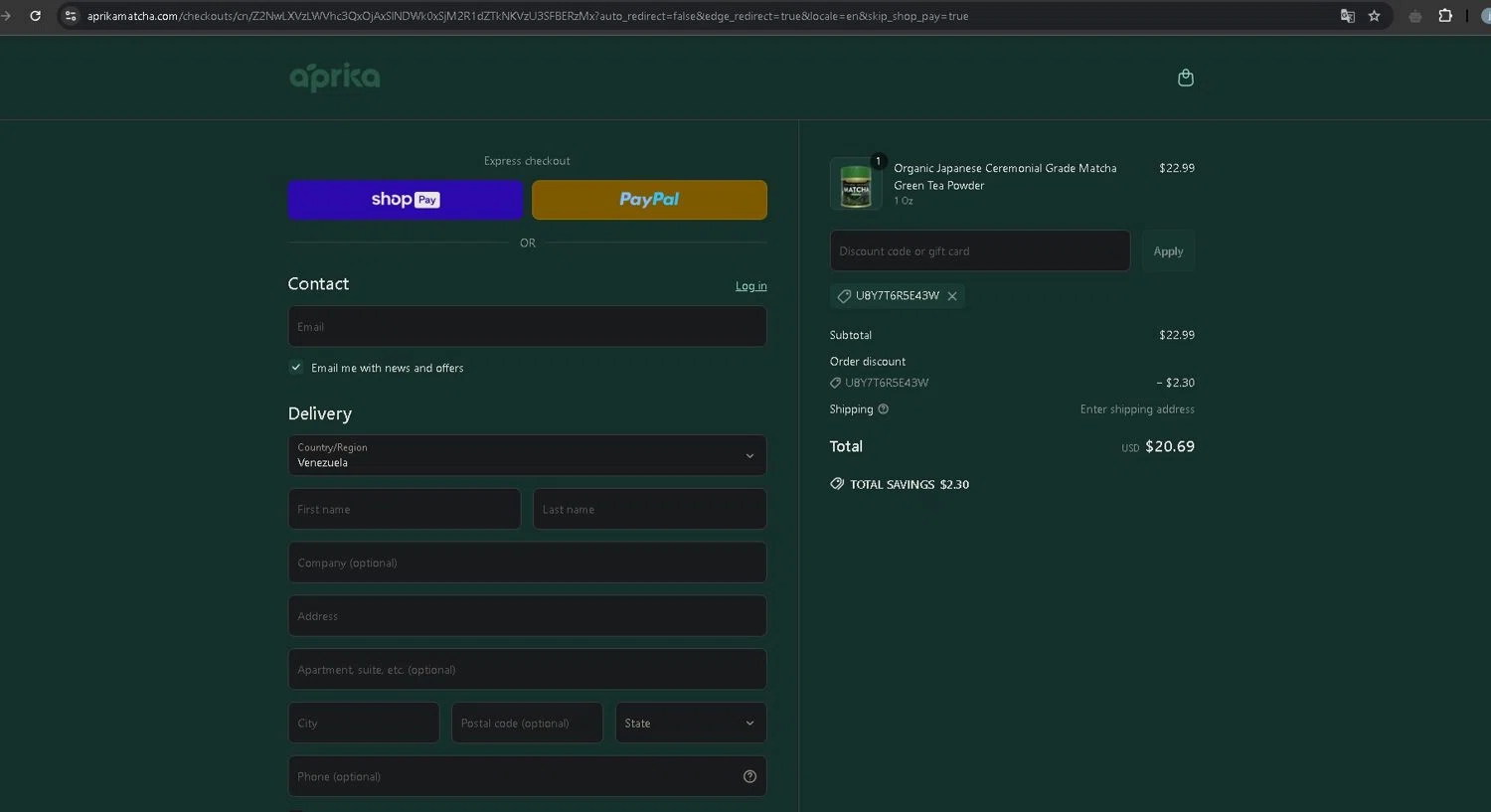 aprikamatcha promo code screenshot showing code u8y7t6r5e43w applied at aprikamatcha checkout page. Uploaded by SimplyCodes community member VictoriousCurator5776 on Apr 21, 2025