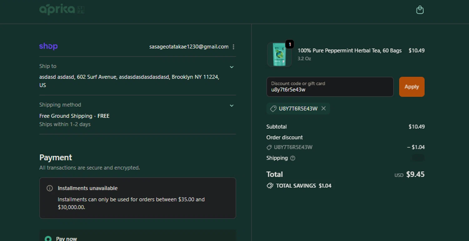 aprikamatcha promo code screenshot showing code u8y7t6r5e43w applied at aprikamatcha checkout page. Uploaded by SimplyCodes community member jaimitoalcachofa on Nov 27, 2025