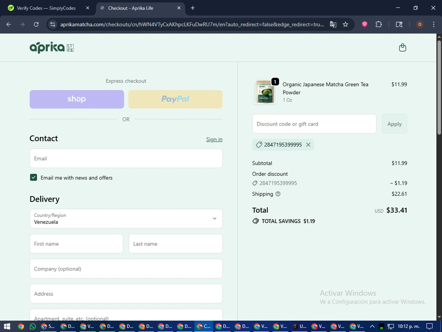aprikamatcha promo code screenshot showing code 2847195399995 applied at aprikamatcha checkout page. Uploaded by SimplyCodes community member LegendaryAdmiral8649 on Oct 25, 2025