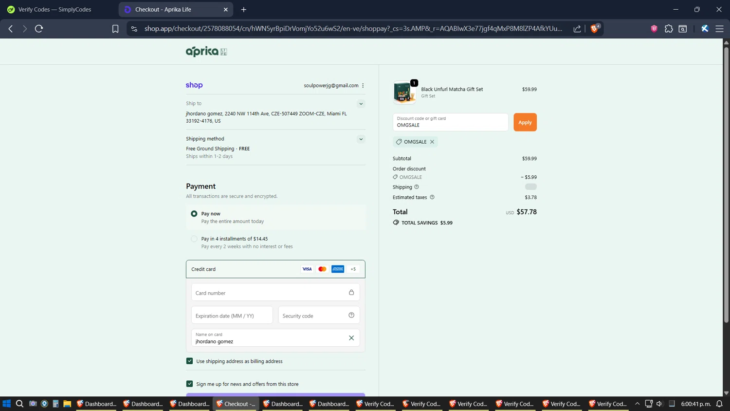 aprikamatcha promo code screenshot showing code OMGSALE applied at aprikamatcha checkout page. Uploaded by SimplyCodes community member ZoilaPerrita on Dec 2, 2025