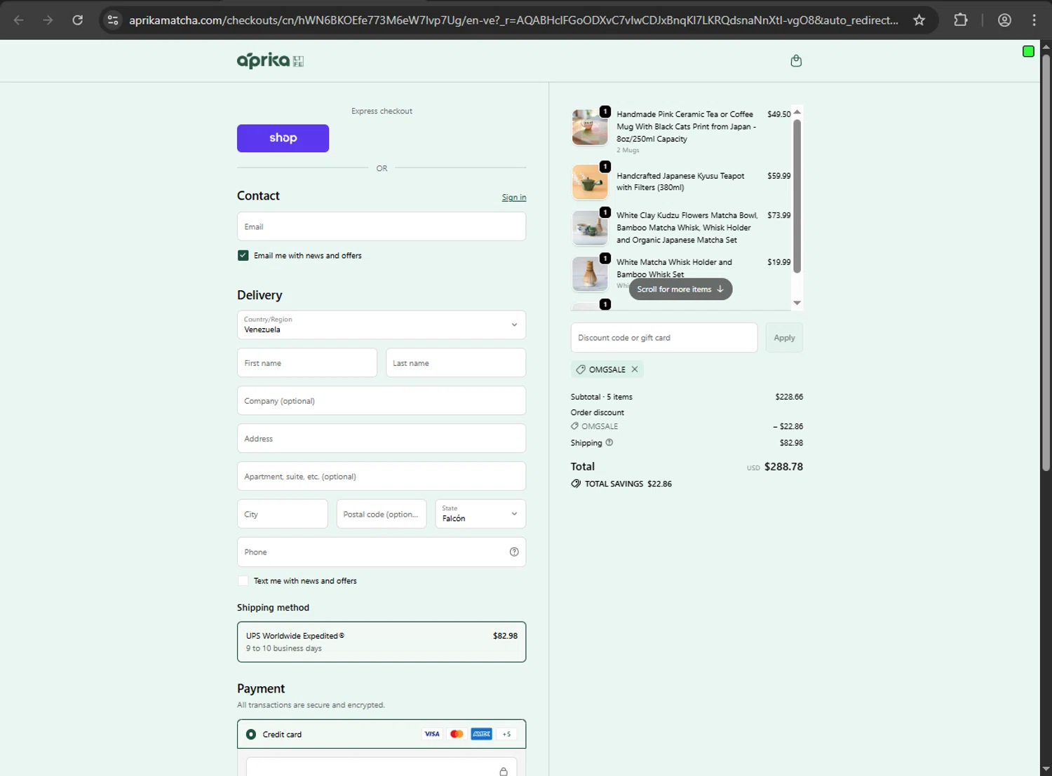 aprikamatcha promo code screenshot showing code OMGSALE applied at aprikamatcha checkout page. Uploaded by SimplyCodes community member fiadaz on Dec 8, 2025