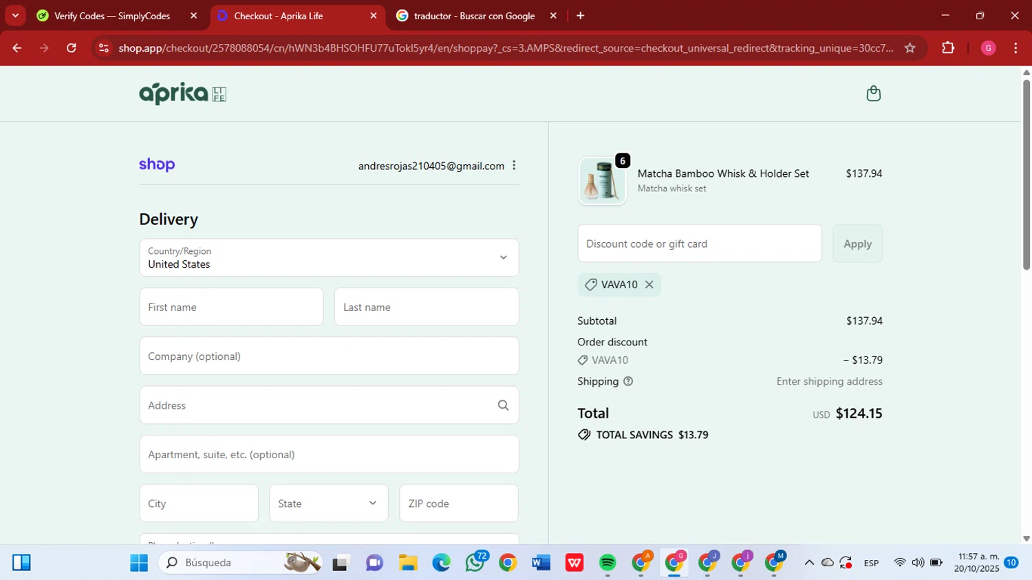 aprikamatcha promo code screenshot showing code VAVA10 applied at aprikamatcha checkout page. Uploaded by SimplyCodes community member GGGilbert on Oct 20, 2025