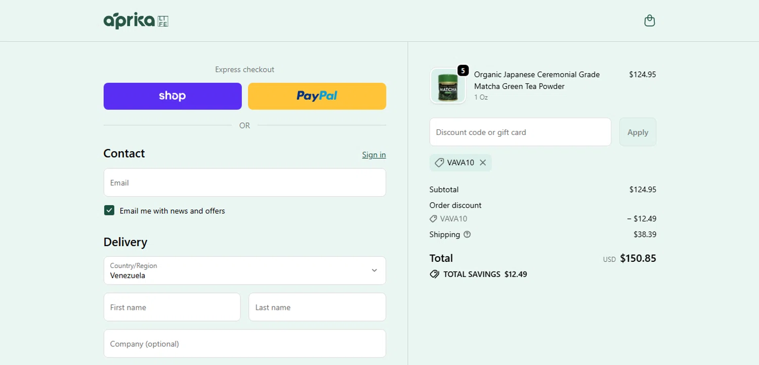 aprikamatcha promo code screenshot showing code VAVA10 applied at aprikamatcha checkout page. Uploaded by SimplyCodes community member MagnificentCurator5441 on Oct 16, 2025
